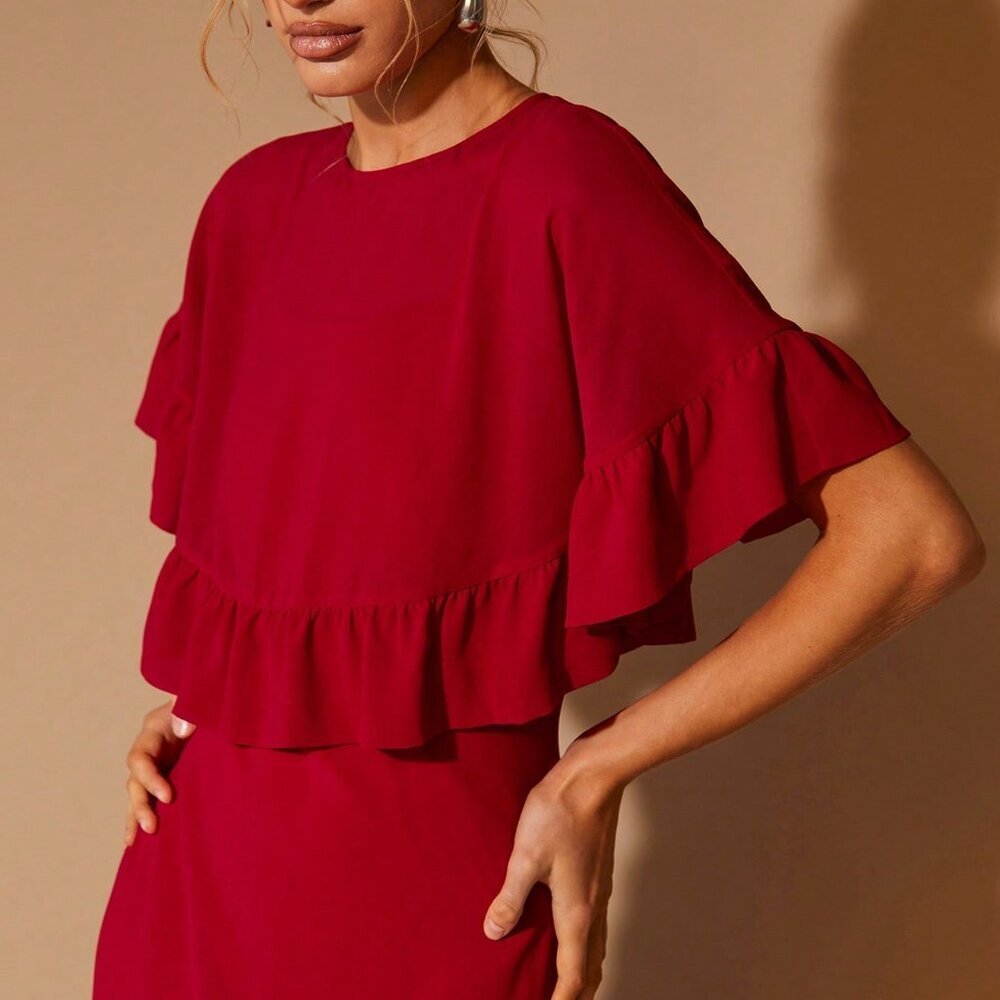 Fiery Red Elegant Women's Ruffle Trim Round Neck Long - Picture 6 of 7